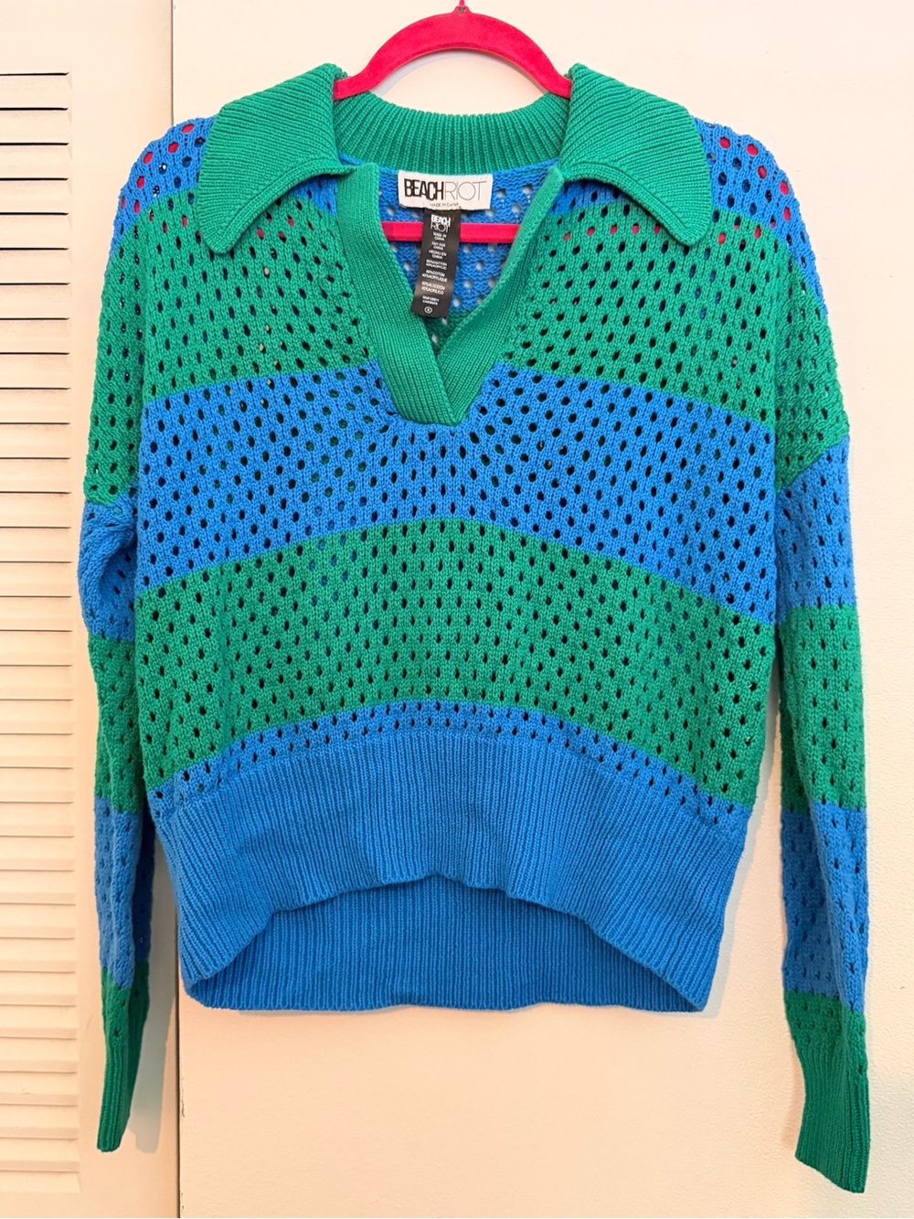 Beach Riot Blue & Green Open-Knit V-Neck Sweater Size Small